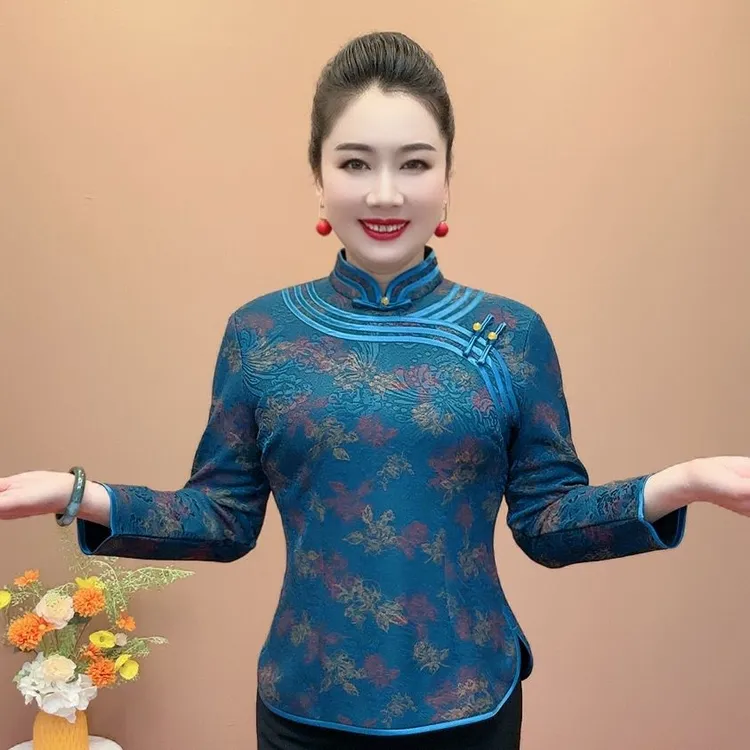 秋冬新款保暖加绒复古盘扣旗袍上衣中老年妈妈时尚洋气民族风上衣