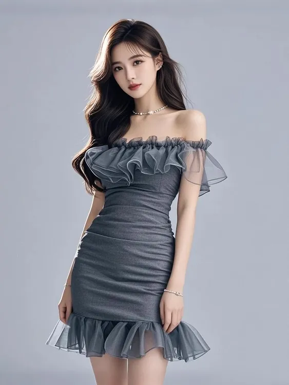 【KEKE】时尚法式绝美一字肩连衣裙女2025新款气质名媛修身小礼服裙