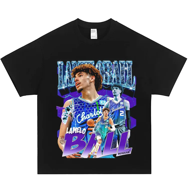 三球美式复古数码直喷印花圆领短袖水洗做旧高街纯棉宽松T恤