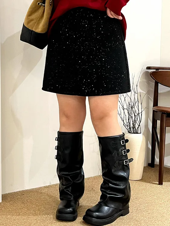 冬季胖mm大码短裙大码女装高腰a字裙休闲百搭半裙亮片宽松直筒裙