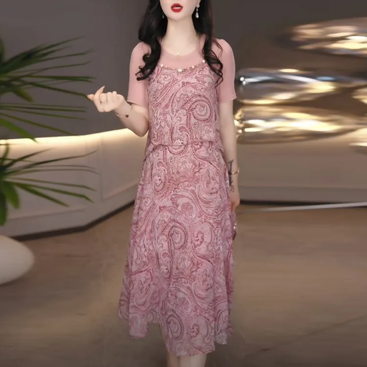 冰丝精纺轻奢女装2025夏季新款收腰显瘦时尚中长款假两件连衣裙子