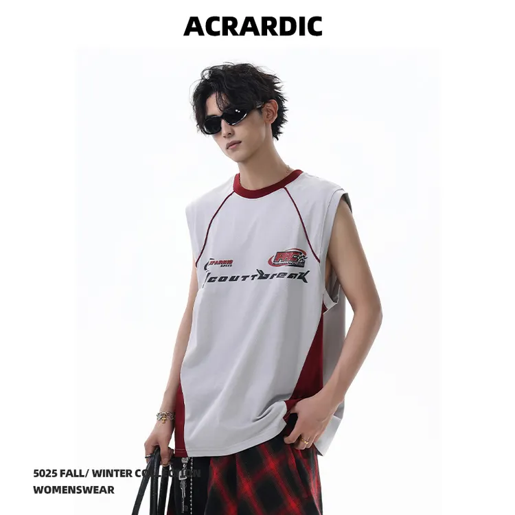 ACRARDIC2025美式拼色运动背心男女赛车风痞帅vibe宽松无袖T恤潮