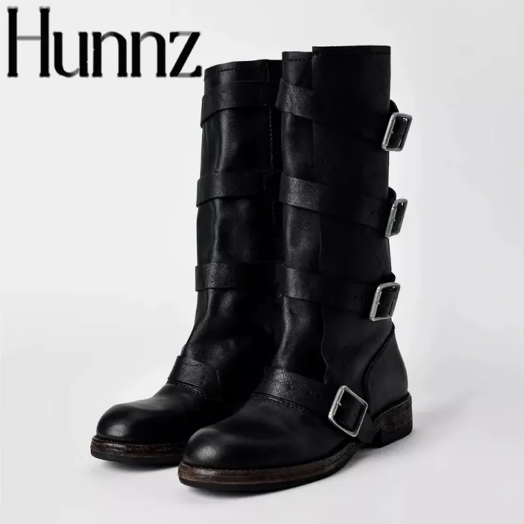 hunnz复古做旧皮带扣高筒靴女2025新款英伦风厚底粗跟骑士靴机车