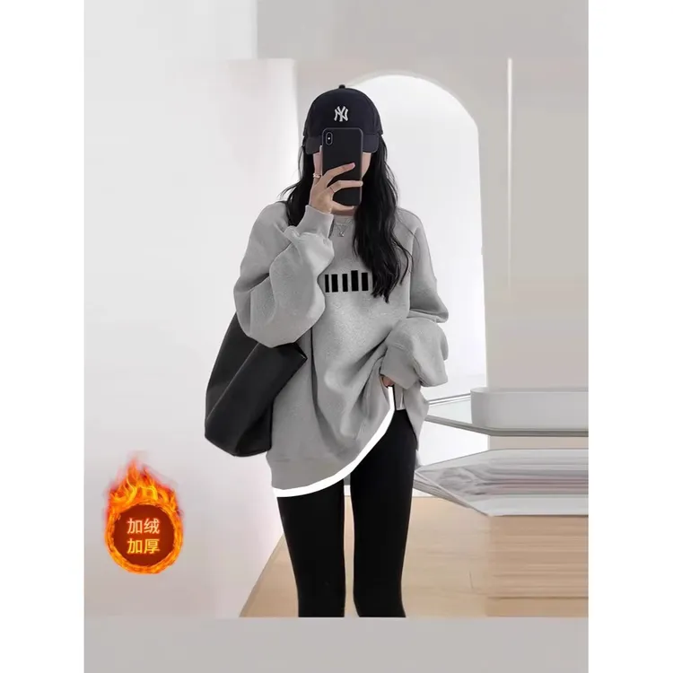 韩系中长款假两件卫衣女秋冬新款遮屁股小众上衣加绒时尚百搭外套