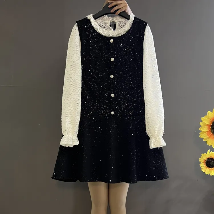 新款法式小香风高品质蕾丝打底亮闪闪真两件时尚显瘦套装