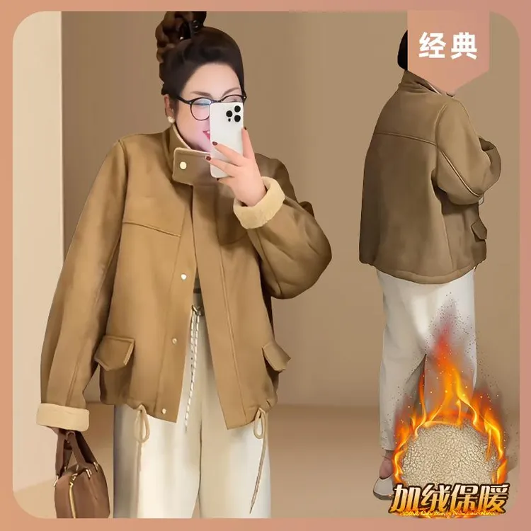 大码立领加厚防风皮毛一体机车服外套女秋冬胖mm保暖显瘦开衫上衣