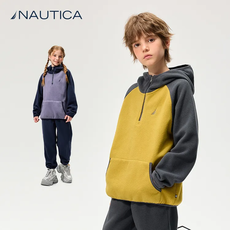 NAUTICA/诺帝卡童装 撞色插肩袖连帽袋鼠口袋摇粒绒卫衣