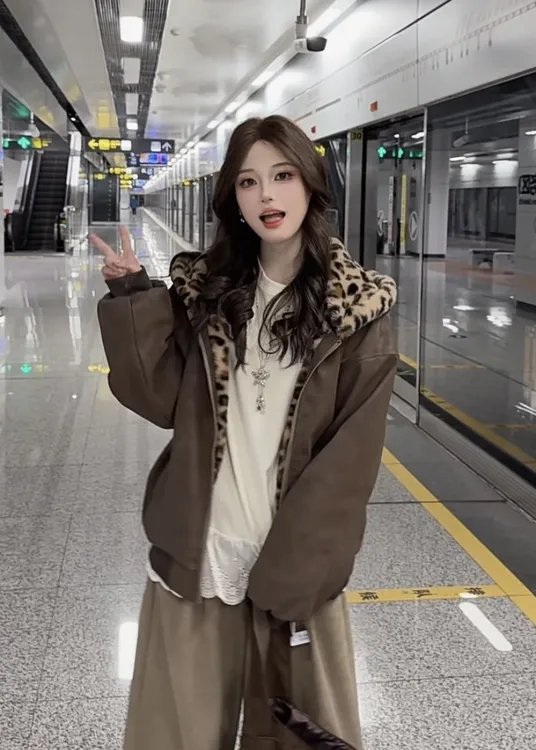 美式PU皮连帽座山雕棉服男女冬季加绒加厚棉衣豹纹双面穿情侣外套