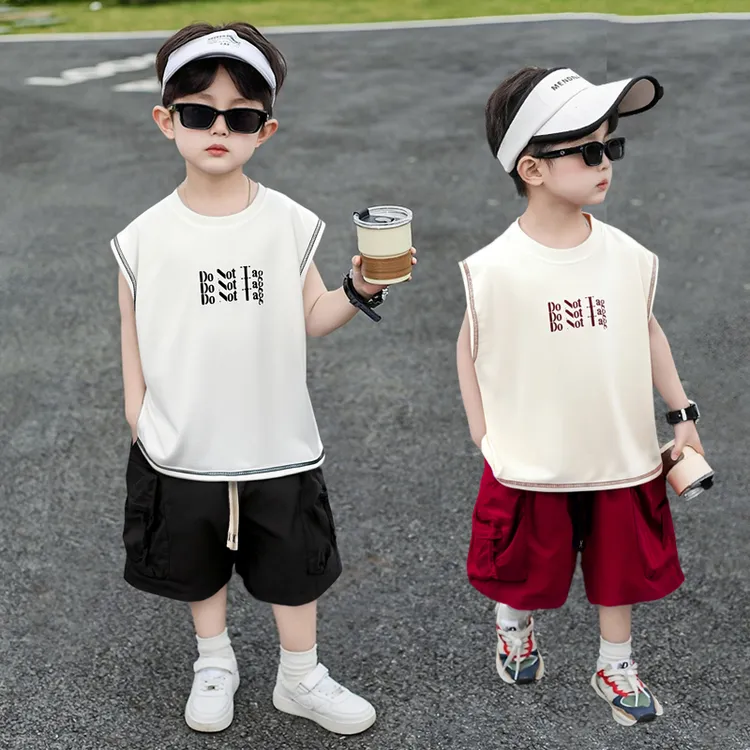 新款印花夏季休闲男童洋气韩版无袖印花痞帅男孩背心套装&2568011