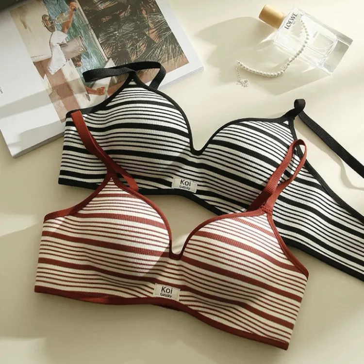 条纹无痕内衣女小胸聚拢显大收副乳防下垂无钢圈上托加厚文胸罩