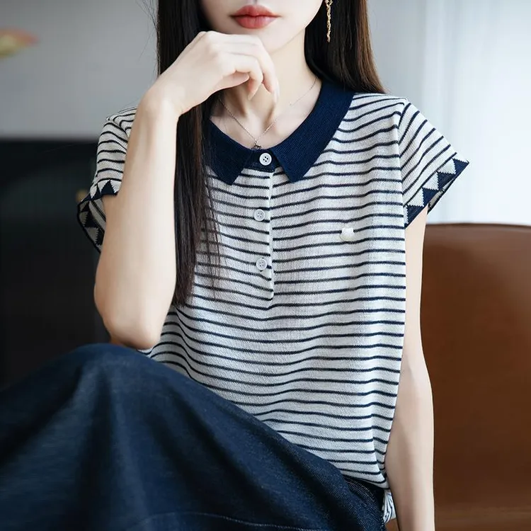甜美夏季独系扣显瘦翻领短袖女士撞色条纹流行POLO领薄款时尚T恤