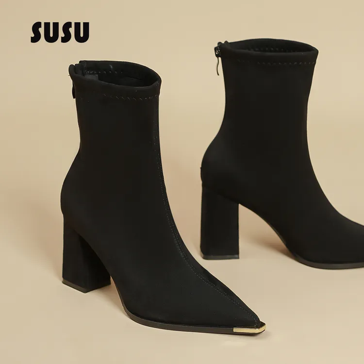 秋冬新款尖头高跟瘦瘦靴女法式粗跟复古后拉链绒面百搭弹力短靴女