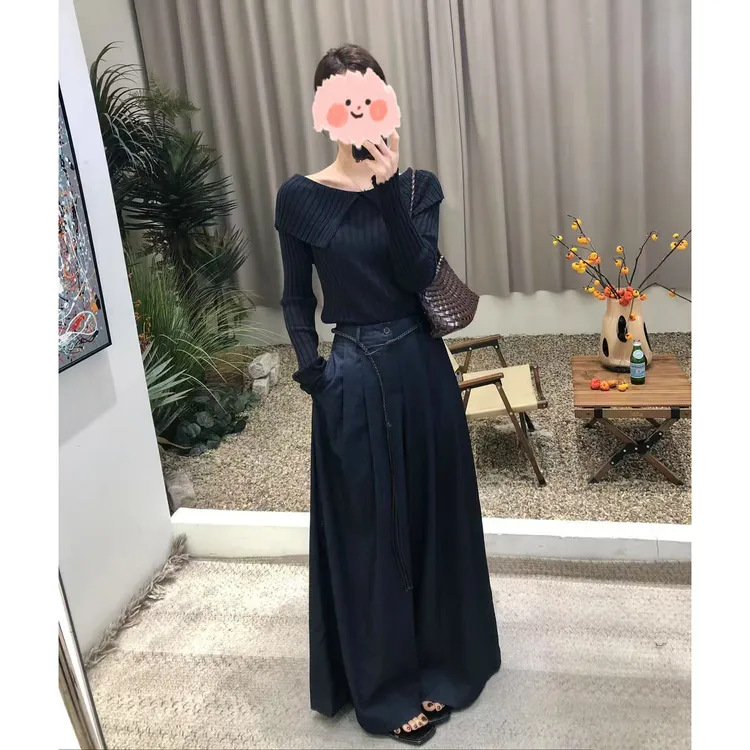 入秋穿搭一整套女装套装2025新款法式大翻领针织长袖阔腿裤两件套
