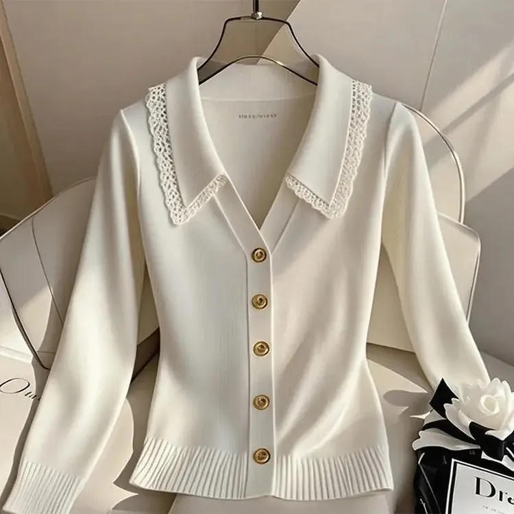 纯欲慵懒风女装白色蕾丝花边针织衫早秋季新款高级感洋气长袖上衣