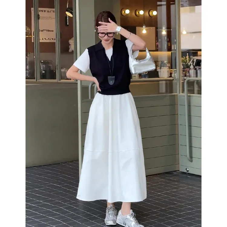 韩版洋气高级感套装女2025新款假两件收腰短袖上衣气质a字半身裙