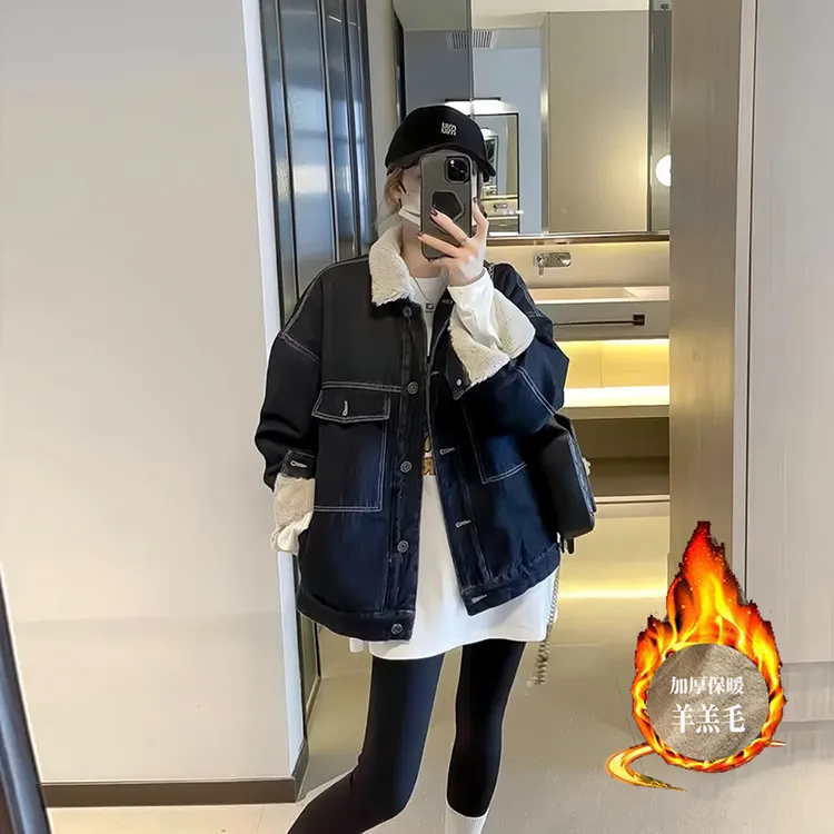 港风翻领口袋加绒加厚牛仔外套女秋季宽松显瘦高级保暖百搭上衣潮