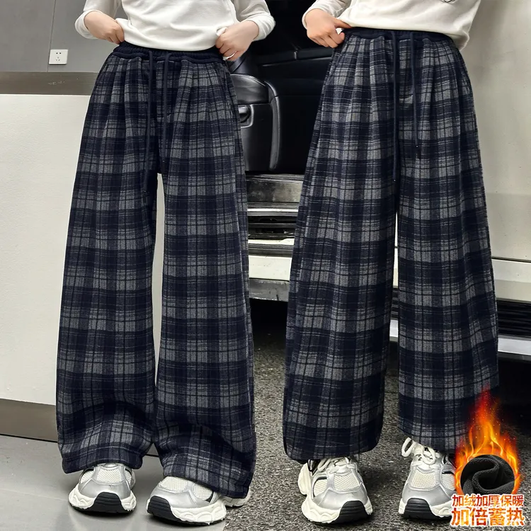 女童冬季裤子2025新款加绒加厚保暖格子裤儿童时尚运动休闲阔腿裤