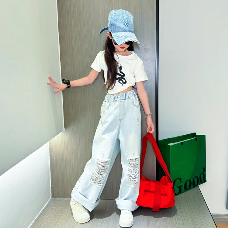 女童破洞牛仔裤春装2025新款儿童百搭裤子春季女大童阔腿裤初中生