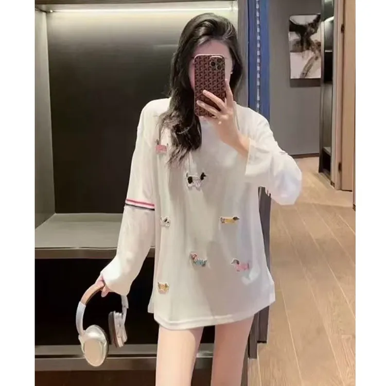 学院风长袖tb小狗T恤女白色罩衫防晒衫针织衫空调衫薄款上衣夏季