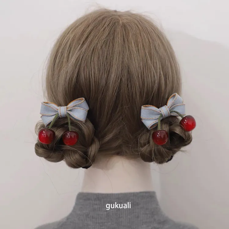 GUKUAL甜美头饰复古樱桃蝴蝶结发夹森系鸭嘴夹对夹侧边夹刘海夹