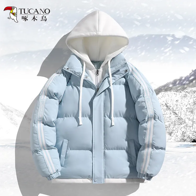 啄木鸟羽绒棉服男女假两件棉衣外套情侣面包服冬装连帽加厚棉袄子