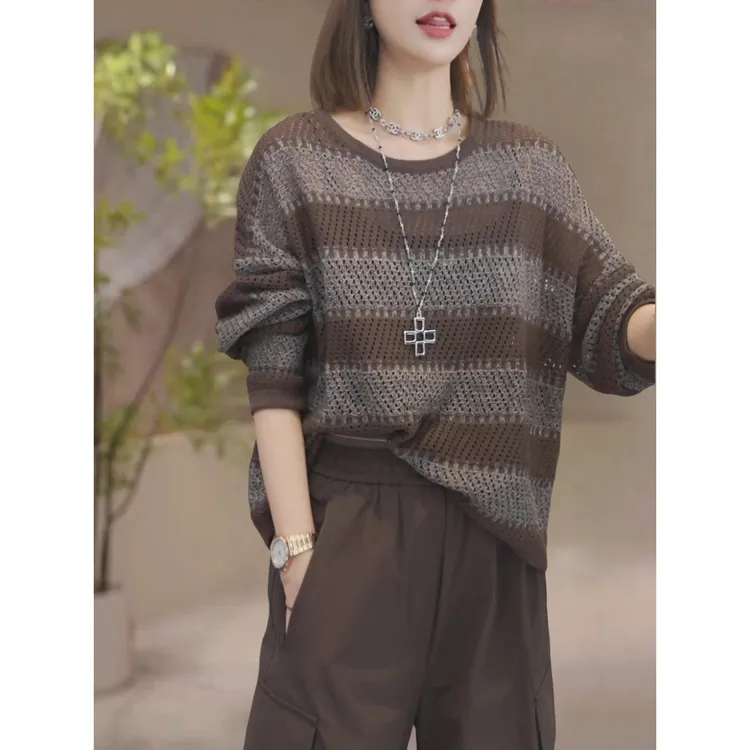 韩系慵懒宽松长袖条纹镂空针织衫女秋季新款百搭薄款外穿毛衣上衣