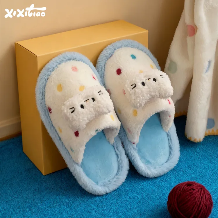 细细条 包头防滑可爱小猫棉拖鞋女ins彩色波点秋冬舒适家居毛毛鞋