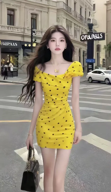 小个子温柔纯欲风不规则修身波点收腰包臀黄色连衣裙女时尚短裙