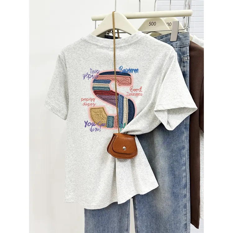 2025夏季新款时尚字母前后印花正肩T恤女装大码圆领短袖上衣