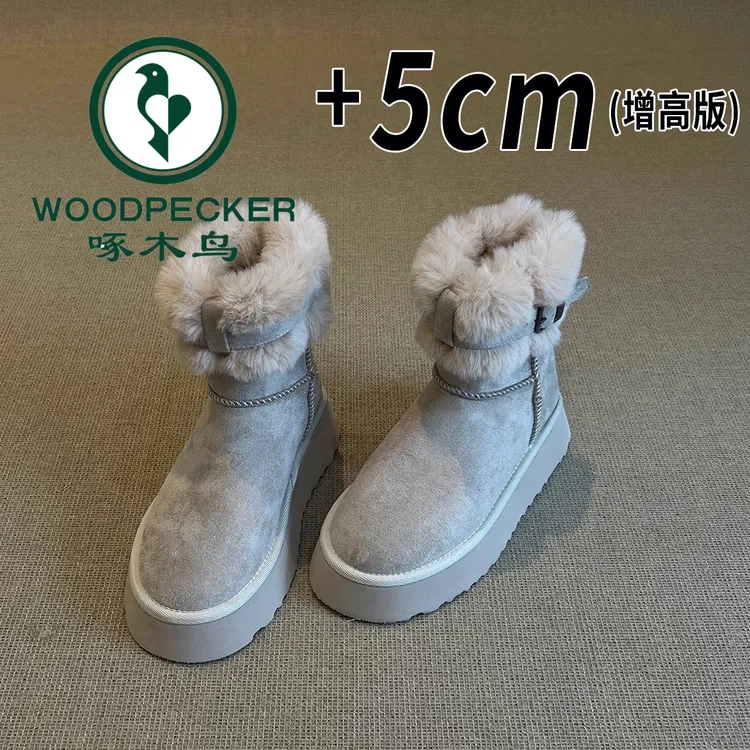 啄木鸟复古内增高加绒保暖雪地靴女2025冬季新款厚底防滑毛毛靴