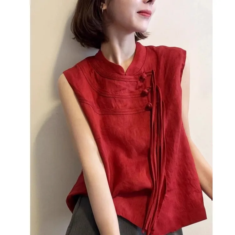 夏季多巴胺超好看上衣高级感洋气减龄显瘦新中式国风红色无袖衬衫