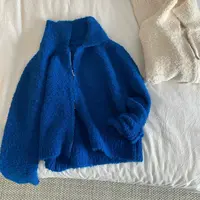 韩系百搭立领宽松纯色双拉链设计针织开衫