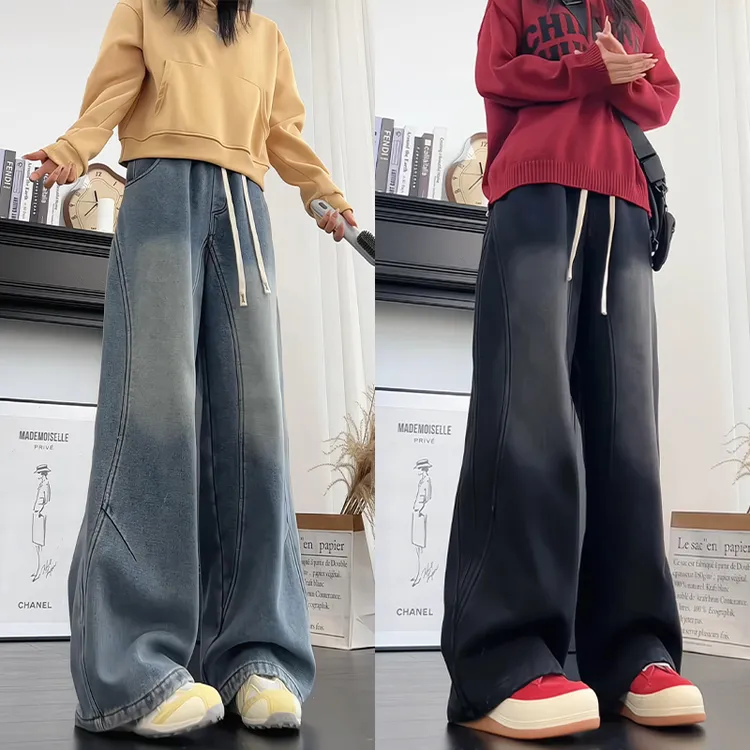 高街潮牌拼接加绒牛仔裤男女秋冬季设计感宽松大码潮流直筒裤子