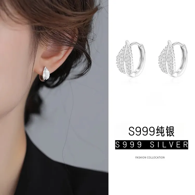 足银耳饰 S999银闪锆树叶耳扣女小众设计耳圈轻奢高级感耳环耳钉