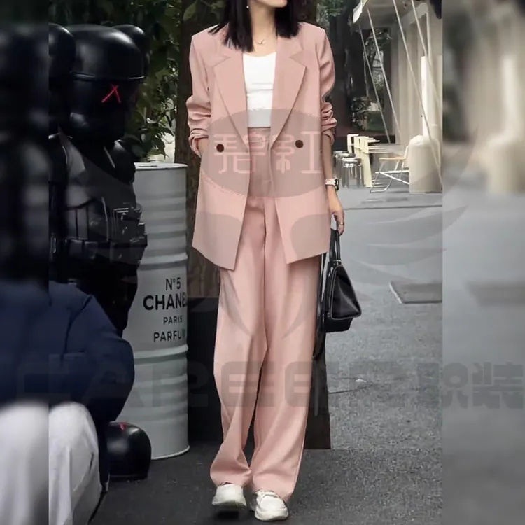 -春秋西装外套女大码女装阔腿裤套装胖MM200斤粉色宽松西服