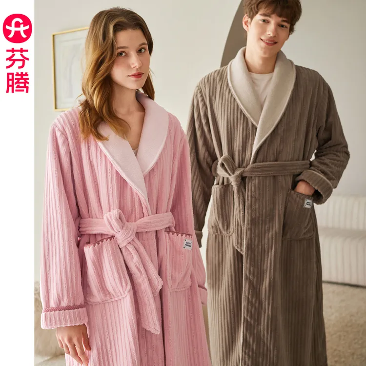 芬腾情侣睡袍秋冬季珊瑚绒加绒加厚睡衣女保暖法兰绒大码男家居服