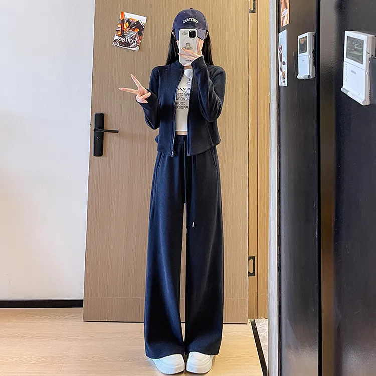 藏青色运动风套装女秋季2025新款卫衣外套休闲裤子两件套慵懒风