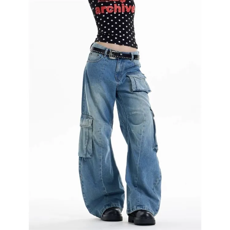 美式复古多口袋弯刀牛仔裤男女春夏新款水洗宽松阔腿工装休闲长裤