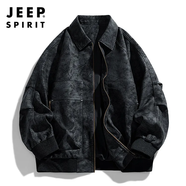 JEEP吉普PU皮男士外套春秋季宽松新美式工装复古翻领休闲夹克上衣