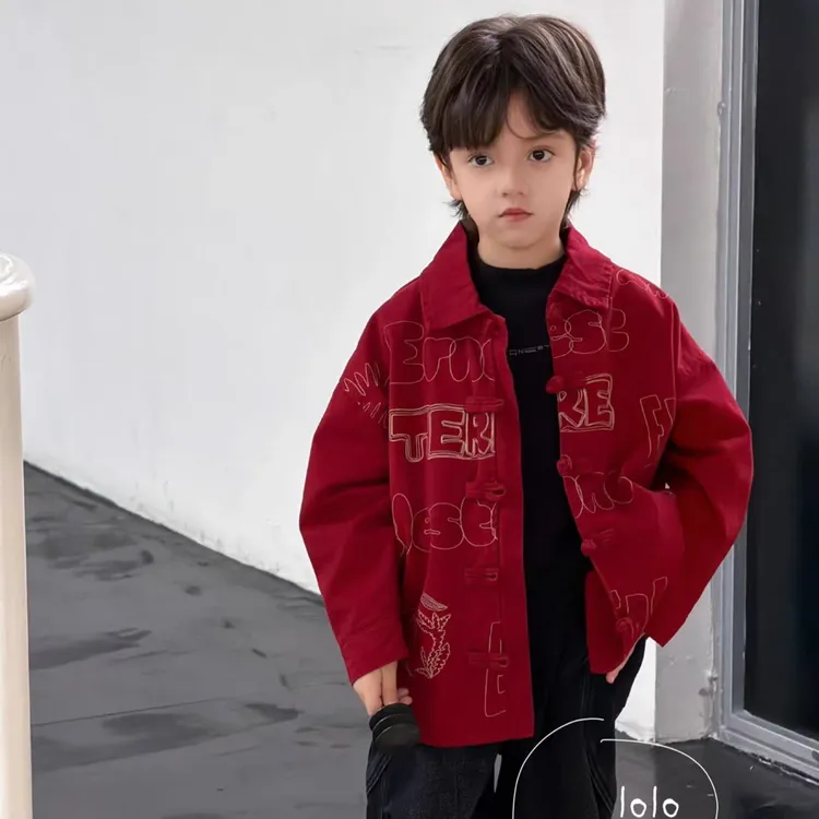 年货款男童新年红字母新中式盘扣加绒衬衣外套拜年服