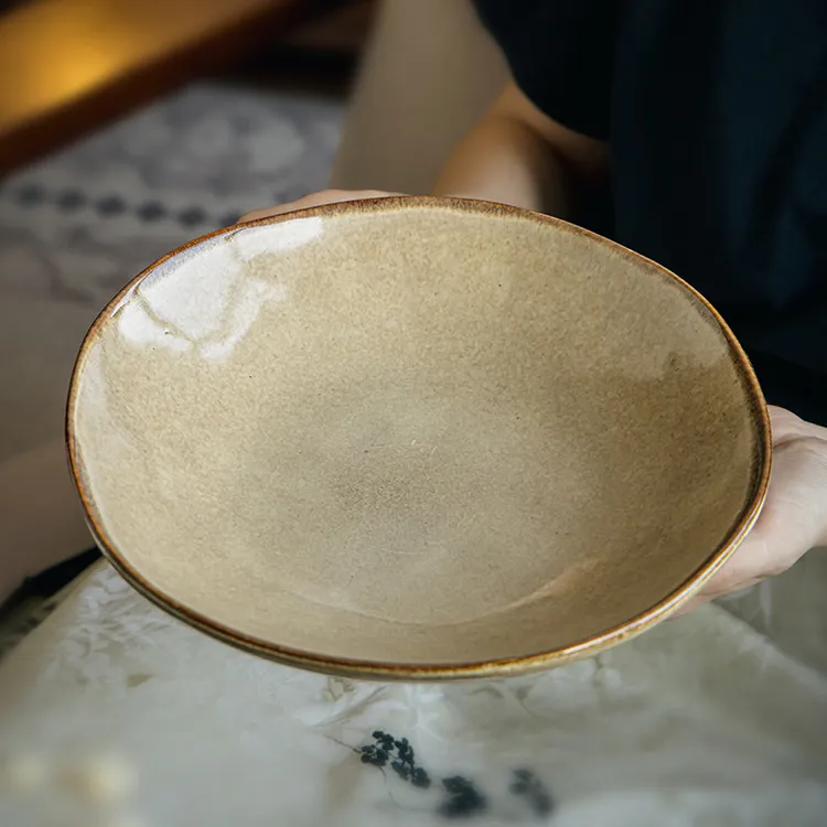 小悠家 怀旧不规则深盘9英寸窑变陶瓷盘子家用菜盘个性特色沙拉盘