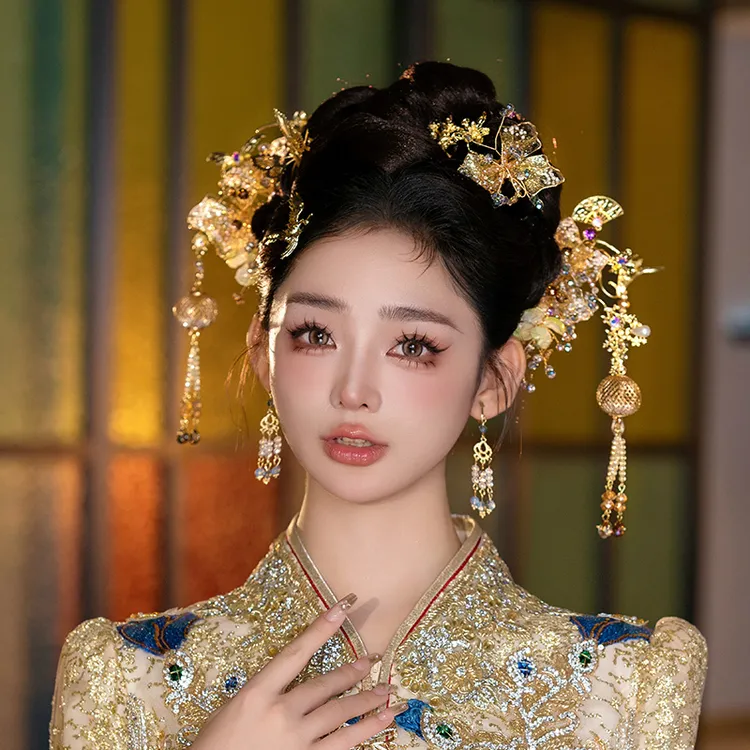 秀禾头饰金色龙凤褂新娘头饰结婚秀禾服新中式古风流苏发簪发饰品