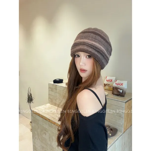 100羊毛堆堆帽男女同款日系复古文艺条纹冷帽拍照ins感