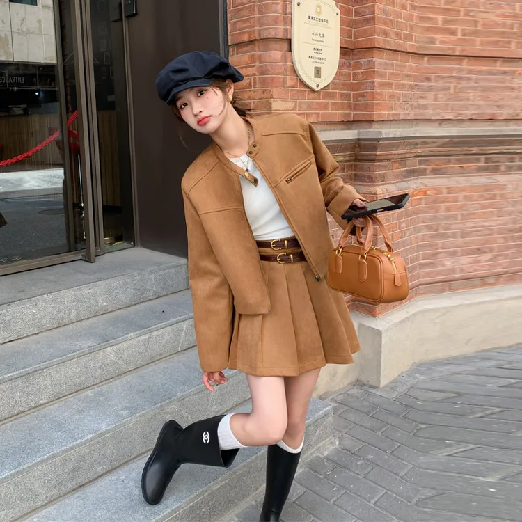 复古麂皮绒夹克百褶裙2025春秋新款松弛感小众学院风老钱风套装裙