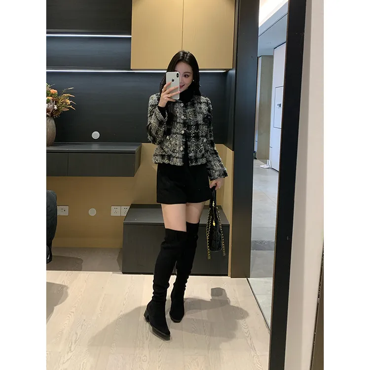 XINYI【典雅莫兰】秋冬小香风羊毛格纹绗棉外套女显瘦X625T17365