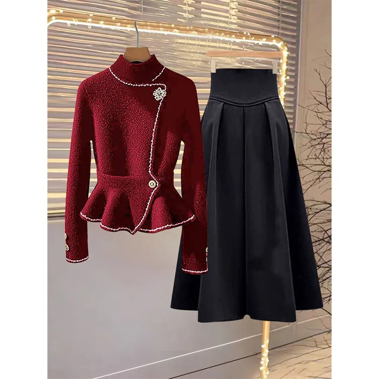 2025新款冬季时尚百搭毛衣红色气质法式洋气上衣搭裙子气质两件套