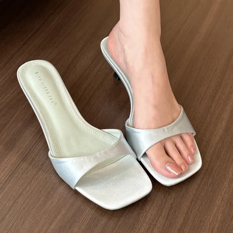 elingstudio 仲夏湖蓝！月光绸缎一字带高跟鞋女方头露趾穆勒拖鞋