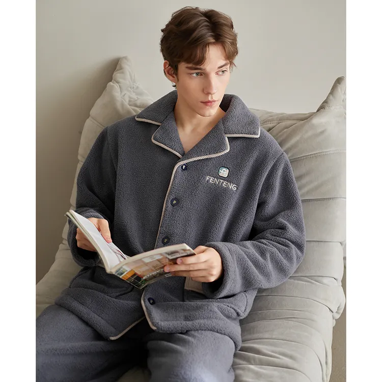 芬腾蓬蓬绒睡衣男秋冬季珊瑚绒套装青年男款加绒加厚家居服