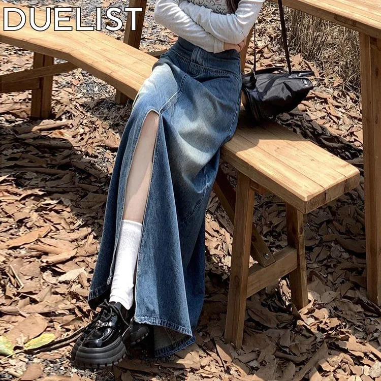 DUELIST美式复古蓝色牛仔半身裙新款高腰字裙辣妹开叉包臀长裙子