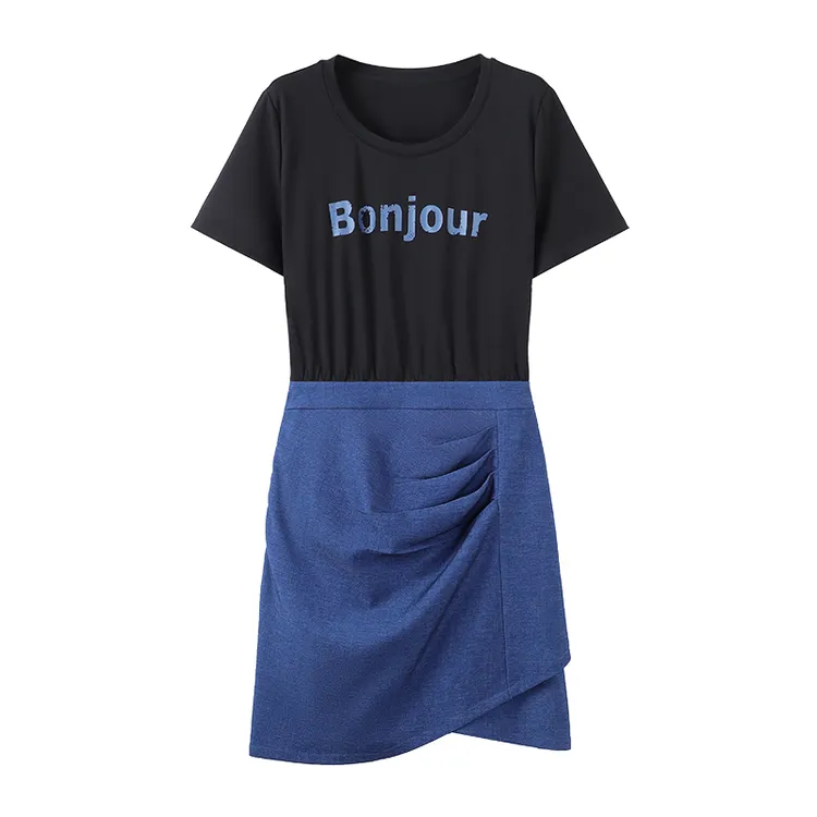 微胖定制【青涩日记】小众设计感黑拼蓝假两件连衣裙LHC1917